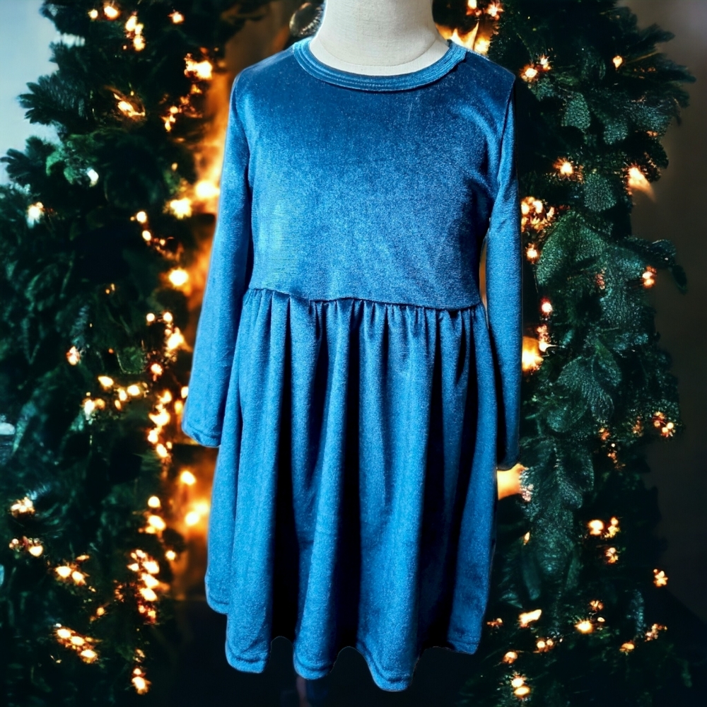 4T Girls Classic Long Sleeve Holiday Green Stretch Velvet Christmas Dress